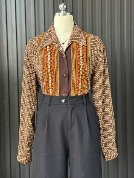 Vintage Earth-Tone Patterned Blouse