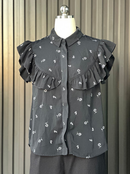 Black Floral Ruffle Blouse