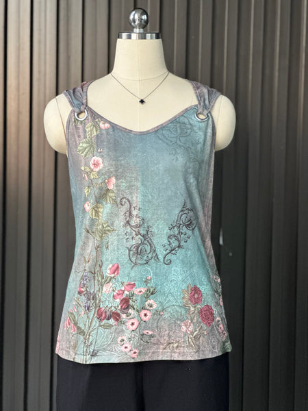 Vintage Floral Ring-Strap Tank Blouse