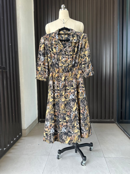 Vintage Abstract Print Midi Dress