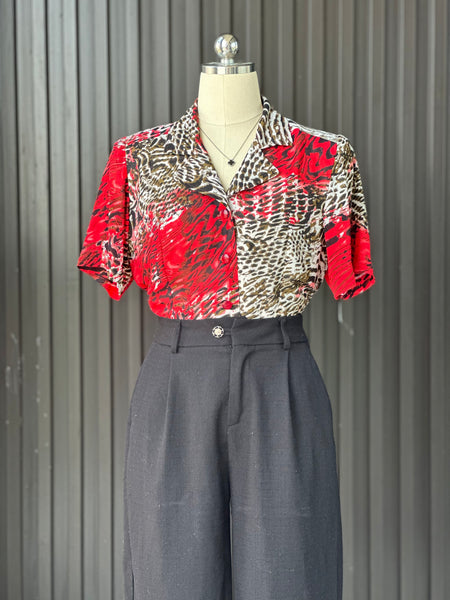 Vintage Crimson Animal Print Statement Blouse