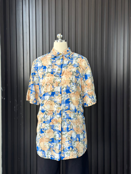Vintage Blue Check Floral Shirt Blouse