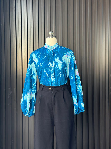 Ocean Blue Silk-Feel Statement Blouse