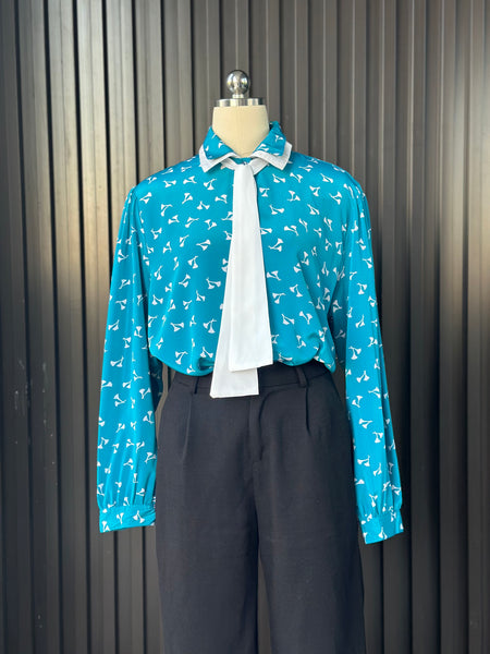 Vintage Teal Bow-Neck Blouse