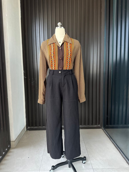 Vintage Earth-Tone Patterned Blouse