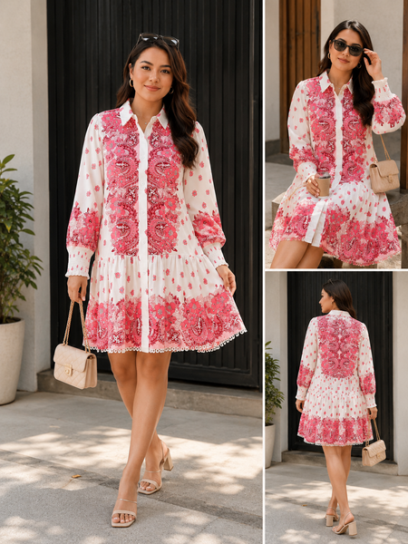 Pink Paisley Floral Shirt Dress
