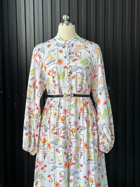 Vintage-Inspired Linen Print Maxi Dress