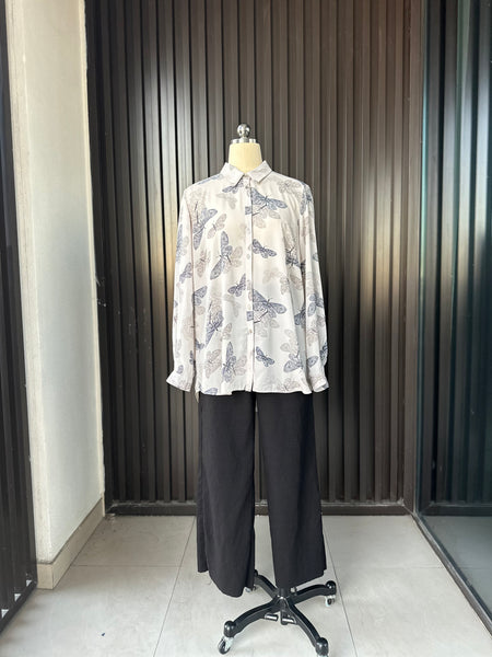 Butterfly Print Silk-Feel Blouse