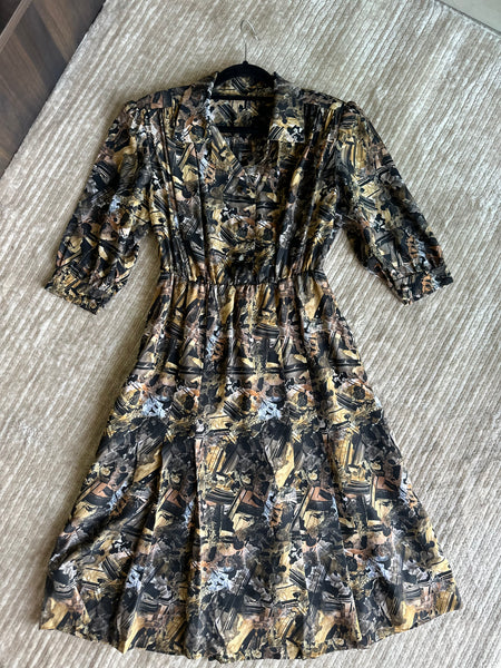 Vintage Abstract Print Midi Dress