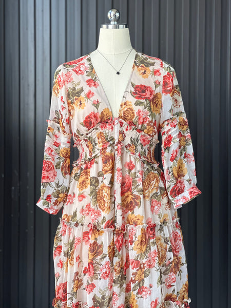 Romantic Floral Tiered Midi Dress