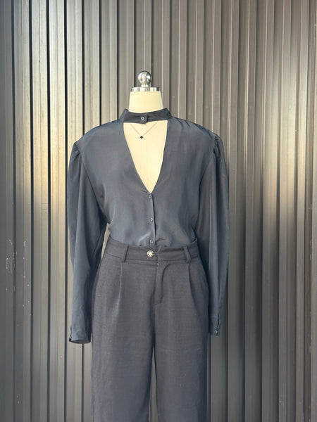 Vintage Black Choker-Neck Blouse