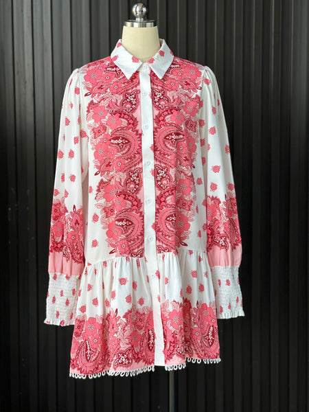 Pink Paisley Floral Shirt Dress