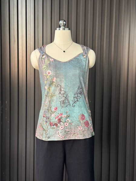 Vintage Floral Ring-Strap Tank Blouse