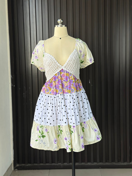 Vintage Patchwork Crochet Mini Dress