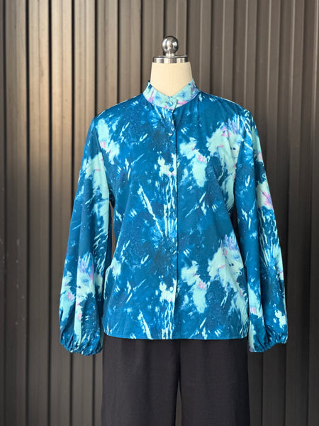 Ocean Blue Silk-Feel Statement Blouse