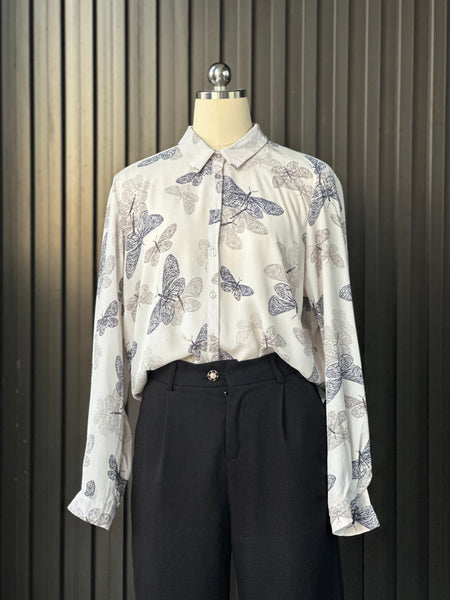 Butterfly Print Silk-Feel Blouse