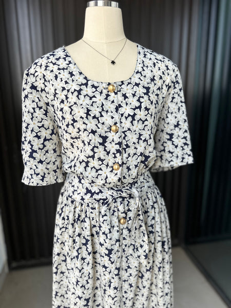 Vintage Navy Floral Midi Dress
