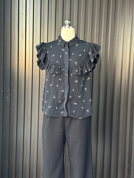 Black Floral Ruffle Blouse