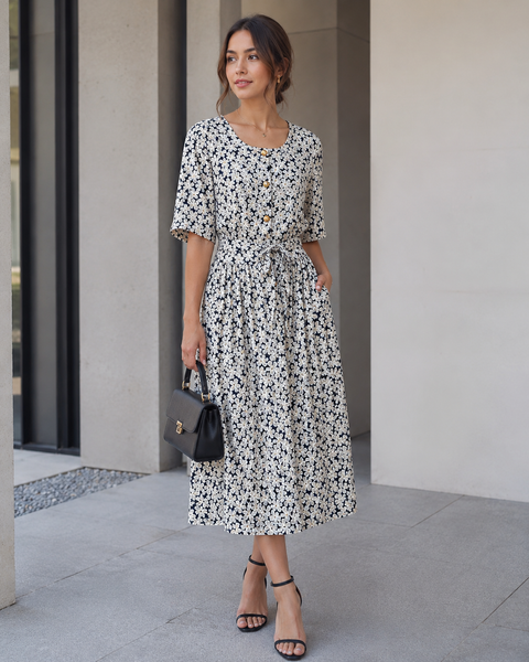 Vintage Navy Floral Midi Dress