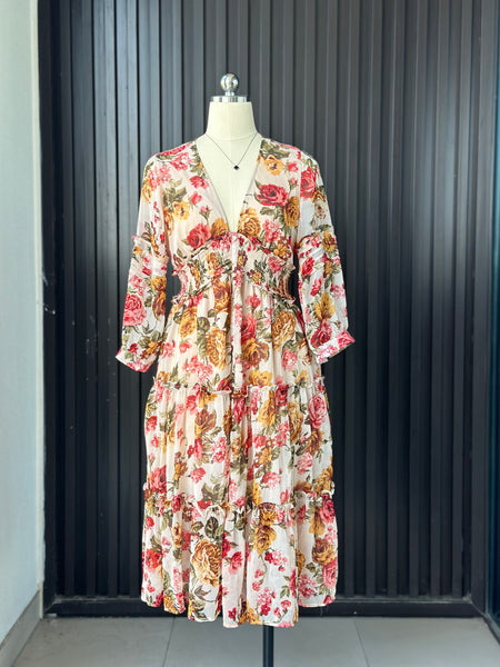 Romantic Floral Tiered Midi Dress
