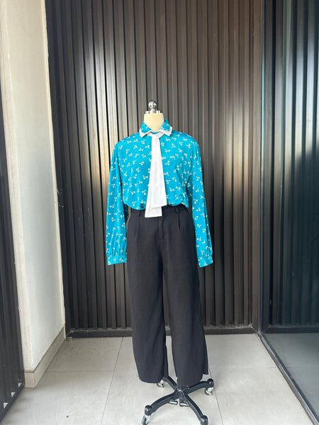 Vintage Teal Bow-Neck Blouse