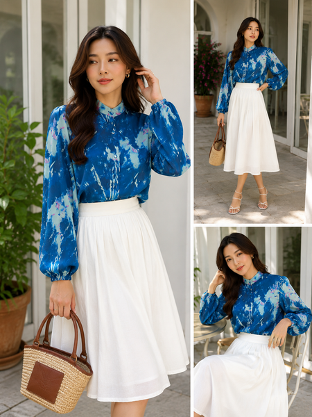 Ocean Blue Silk-Feel Statement Blouse
