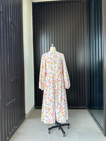 Vintage-Inspired Linen Print Maxi Dress
