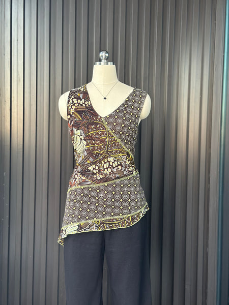 Vintage Asymmetric Patterned Sleeveless Blouse