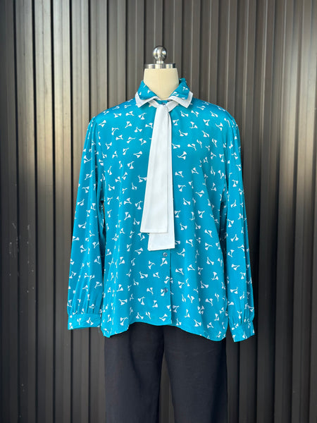 Vintage Teal Bow-Neck Blouse