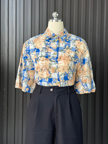 Vintage Blue Check Floral Shirt Blouse