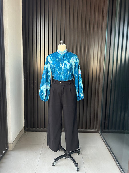 Ocean Blue Silk-Feel Statement Blouse