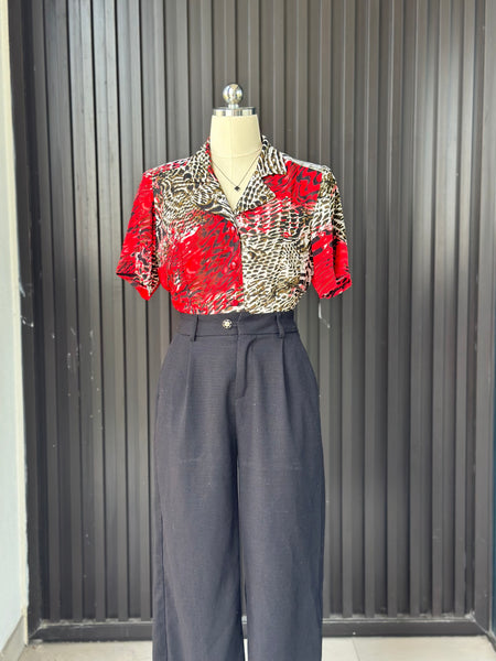 Vintage Crimson Animal Print Statement Blouse