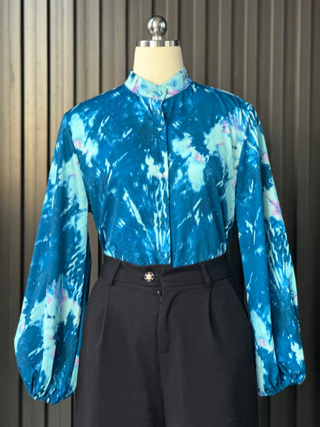 Ocean Blue Silk-Feel Statement Blouse