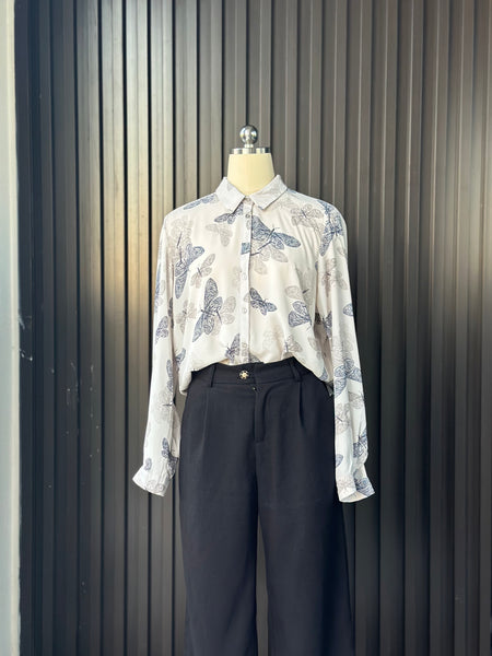 Butterfly Print Silk-Feel Blouse