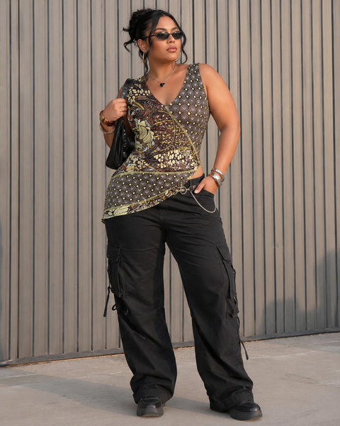 Vintage Asymmetric Patterned Sleeveless Blouse