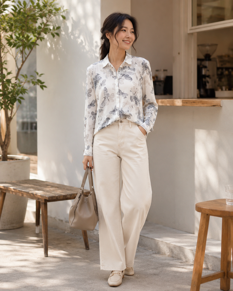 Butterfly Print Silk-Feel Blouse