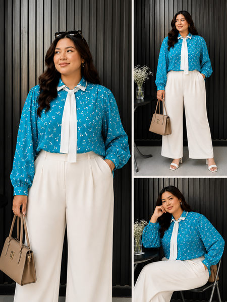Vintage Teal Bow-Neck Blouse