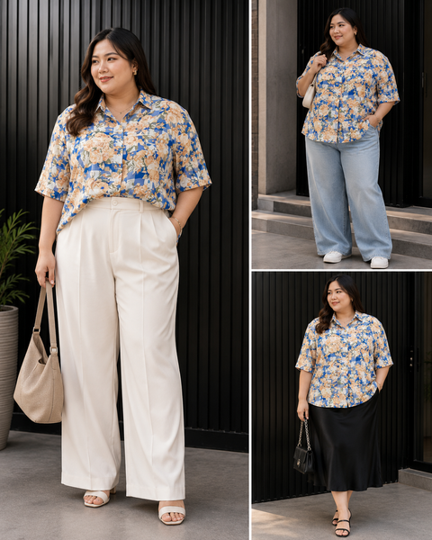 Vintage Blue Check Floral Shirt Blouse