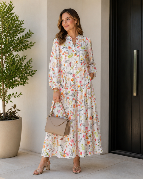 Vintage-Inspired Linen Print Maxi Dress
