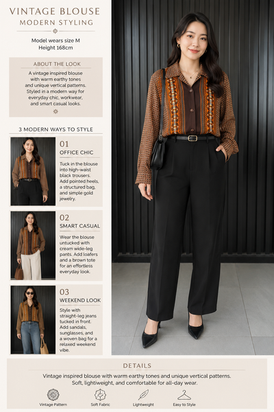 Vintage Earth-Tone Patterned Blouse