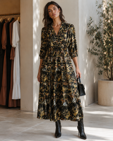 Vintage Abstract Print Midi Dress