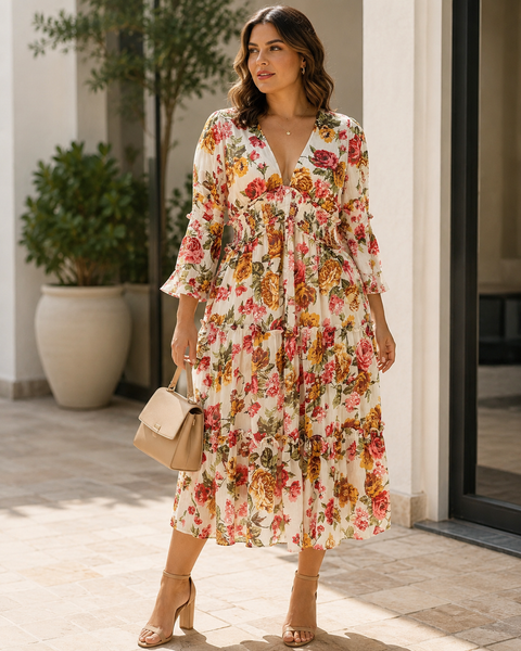 Romantic Floral Tiered Midi Dress