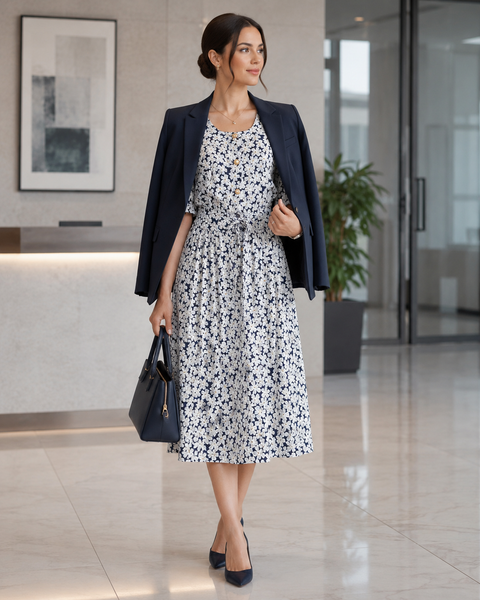 Vintage Navy Floral Midi Dress