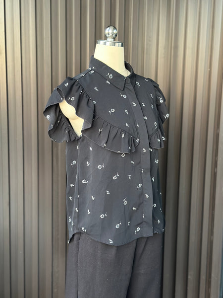 Black Floral Ruffle Blouse