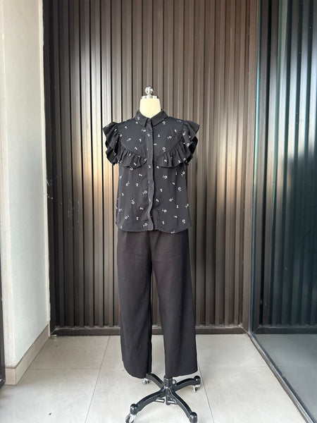 Black Floral Ruffle Blouse