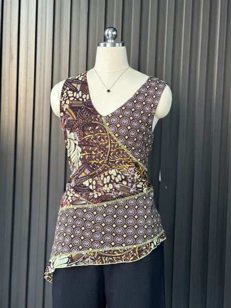 Vintage Asymmetric Patterned Sleeveless Blouse
