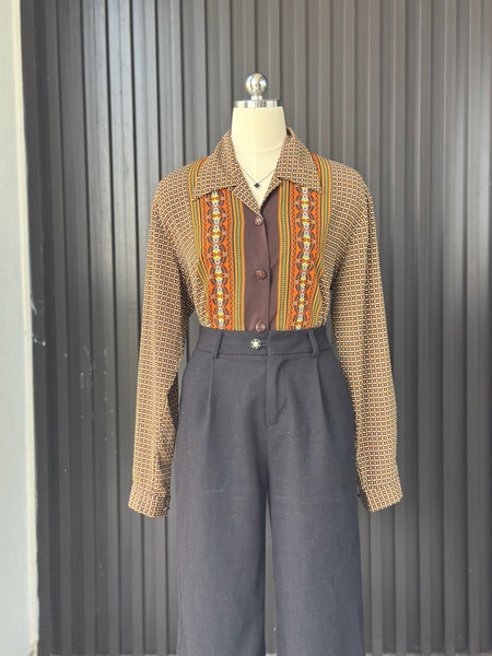 Vintage Earth-Tone Patterned Blouse