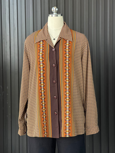 Vintage Earth-Tone Patterned Blouse