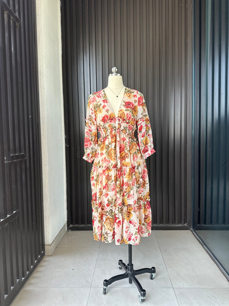 Romantic Floral Tiered Midi Dress