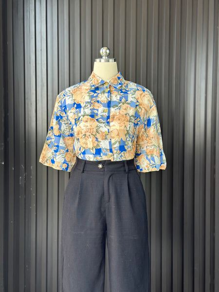 Vintage Blue Check Floral Shirt Blouse
